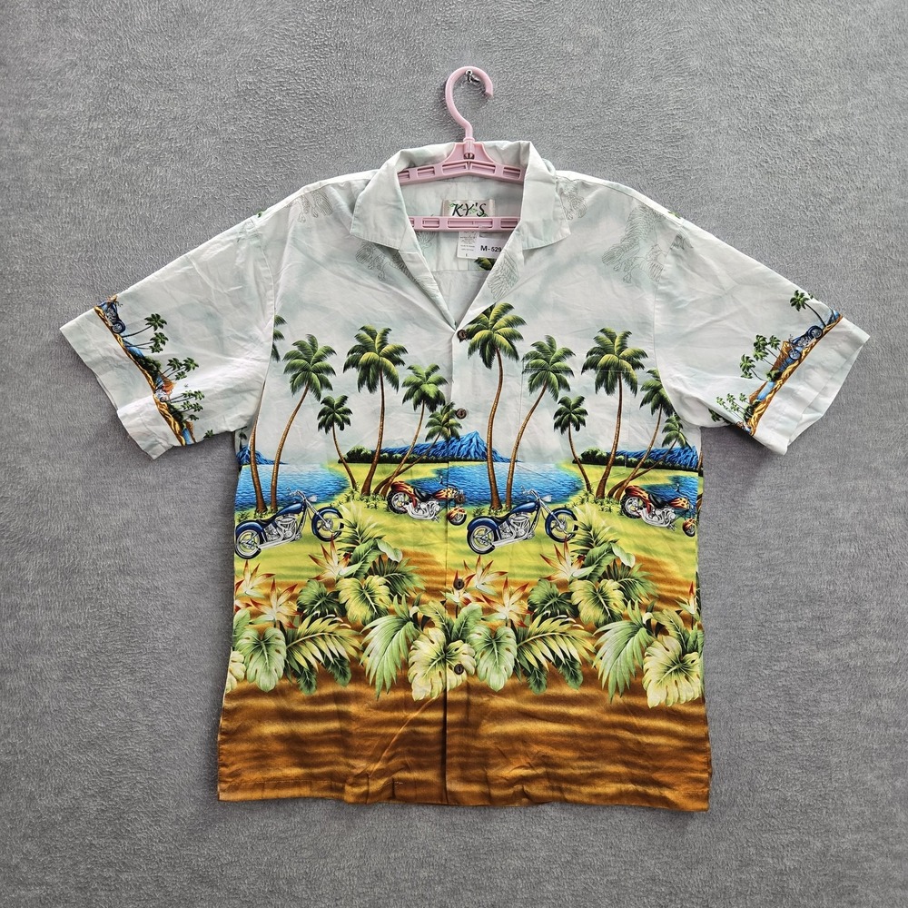 VINTAGE KY'S Men Shirt L Floral Hawaiian Motorcycle Graphic 90s USA‎